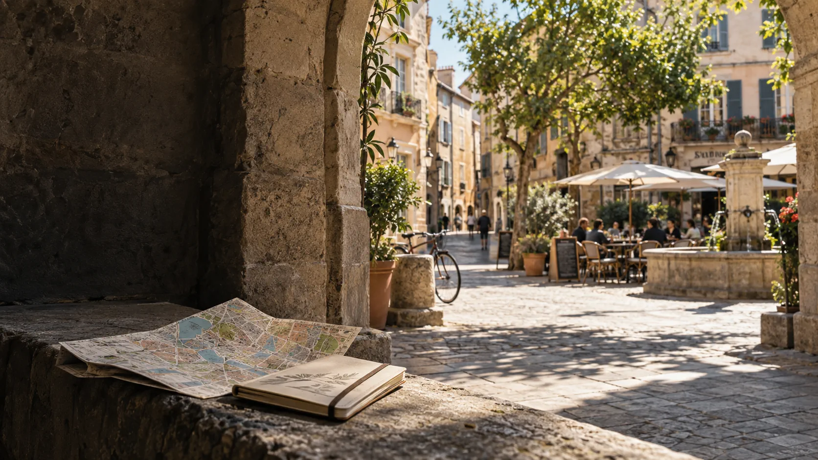 Mapa y cuaderno de viaje ante una plaza mediterránea iluminada por el sol